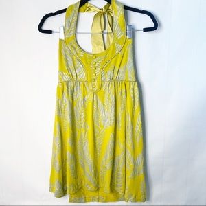 The Original Inc Womens Top Medium Yellow Halter Metallic Palms Summer Beachy